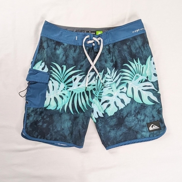 Quiksilver Blue Green Tropical Monstera Print Tie Front Board Shorts Pocket - Picture 1 of 8